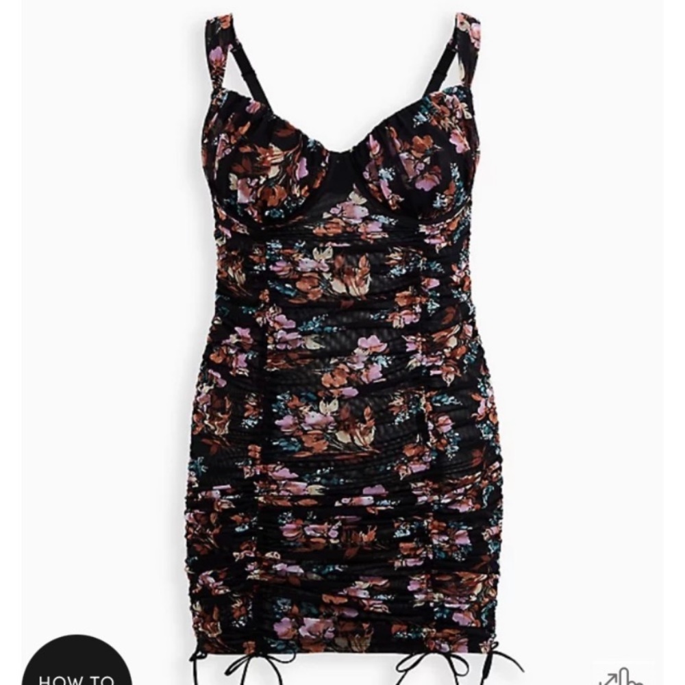 LAST ONE Torrid Size 2 Black Mesh Floral Ruched Drawstring Underwire Chemise NWT